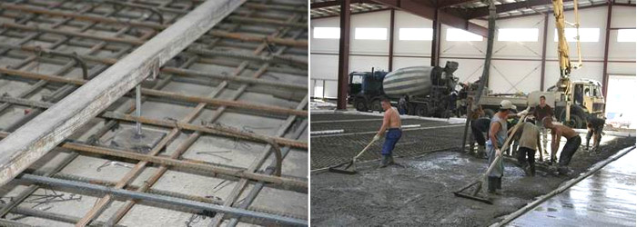 бетонный пол: армирование, доставка смеси бетона и распределение